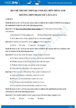 Bộ 5 đề thi thử THPT QG năm 2021 môn Tiếng Anh Trường THPT Phạm Ngũ Lão Lần 2