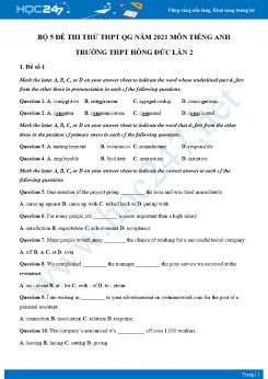 Bộ 5 đề thi thử THPT QG năm 2021 môn Tiếng Anh Trường THPT Hồng Đức Lần 2