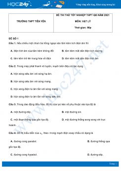 Bộ 5 đề thi thử THPT QG năm 2021 môn Vật Lý có đáp án Trường THPT Tiên Yên