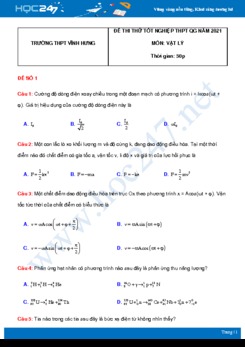 Bộ 5 đề thi thử THPT QG năm 2021 môn Vật Lý có đáp án Trường THPT Vĩnh Hưng