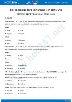 Bộ 5 đề thi thử THPT QG năm 2021 môn Tiếng Anh Trường THPT Trần Nhân Tông Lần 3