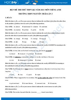 Bộ 5 đề thi thử THPT QG năm 2021 môn Tiếng Anh Trường THPT Nguyễn Trãi Lần 3