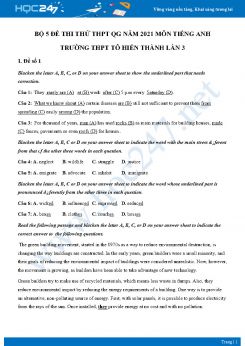 Bộ 5 đề thi thử THPT QG năm 2021 môn Tiếng Anh Trường THPT Tô Hiến Thành Lần 3