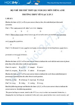 Bộ 5 đề thi thử THPT QG năm 2021 môn Tiếng Anh Trường THPT Yên Lạc Lần 3