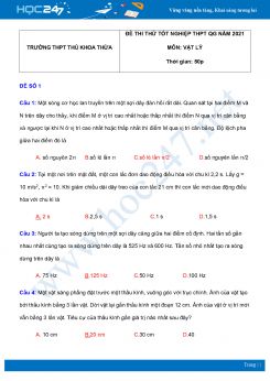 Bộ 5 đề thi thử THPT QG năm 2021 môn Vật Lý có đáp án Trường THPT Thủ Khoa Thừa