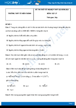 Bộ 5 đề thi thử THPT QG năm 2021 môn Vật Lý có đáp án Trường THPT Tô Hiến Thành