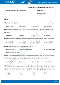 Bộ 5 đề thi thử THPT QG năm 2021 môn Vật Lý có đáp án Trường THPT Nguyễn Đăng Đạo