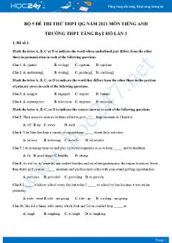 Bộ 5 đề thi thử THPT QG năm 2021 môn Tiếng Anh Trường THPT Tăng Bạt Hổ Lần 3