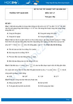 Bộ 5 đề thi thử THPT QG năm 2021 môn Vật Lý có đáp án Trường THPT Quan Sơn