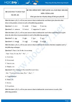 Đáp án tham khảo đề thi tốt nghiệp THPT môn Tiếng Anh năm 2021 - Mã đề 401