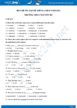 Bộ 5 đề ôn tập hè Tiếng Anh 8 năm 2021 Trường THCS Nguyễn Du