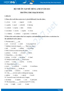 Bộ 5 đề ôn tập hè Tiếng Anh 8 năm 2021 Trường THCS Bạch Đằng