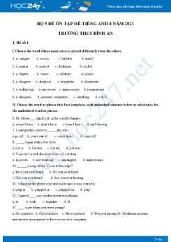 Bộ 5 đề ôn tập hè Tiếng Anh 8 năm 2021 Trường THCS Bình An
