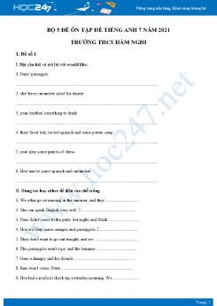 Bộ 5 đề ôn tập hè Tiếng Anh 7 năm 2021 Trường THCS Hàm Nghi