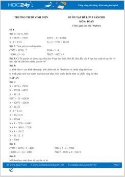 Bộ 5 đề ôn tập hè Toán lớp 3 có đáp án Trường TH Tô Vĩnh Diện