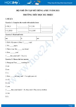 Bộ 5 đề ôn tập hè Tiếng Anh 3 năm 2021 Trường Tiểu học Bà Triệu