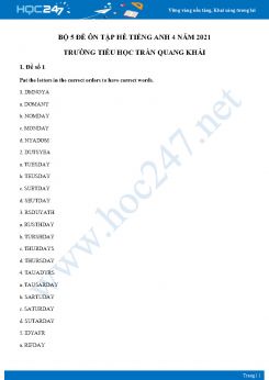 Bộ 5 đề ôn tập hè Tiếng Anh 4 năm 2021 Trường Tiểu học Trần Quang Khải