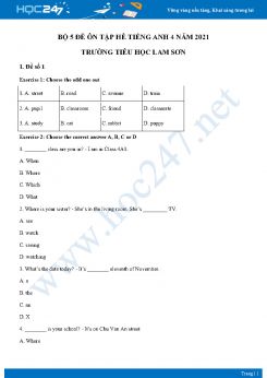 Bộ 5 đề ôn tập hè Tiếng Anh 4 năm 2021 Trường Tiểu học Lam Sơn