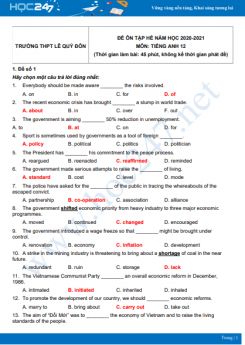 Bộ 5 đề ôn tập hè Tiếng Anh 12 năm 2021 Trường THPT Lê Quý Đôn