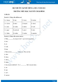 Bộ 5 đề ôn tập hè Tiếng Anh 4 năm 2021 Trường Tiểu học Nguyễn Thái Bình