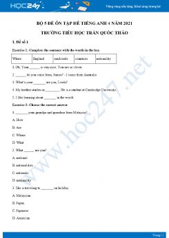 Bộ 5 đề ôn tập hè Tiếng Anh 4 năm 2021 Trường Tiểu học Trần Quốc Thảo