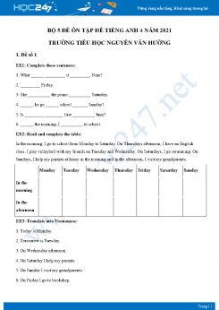 Bộ 5 đề ôn tập hè Tiếng Anh 4 năm 2021 Trường Tiểu học Nguyễn Văn Hưởng
