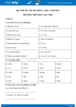 Bộ 5 đề ôn tập hè Tiếng Anh 4 năm 2021 Trường Tiểu học Sao Việt