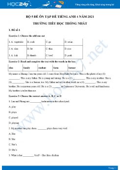 Bộ 5 đề ôn tập hè Tiếng Anh 4 năm 2021 Trường Tiểu học Thống Nhất