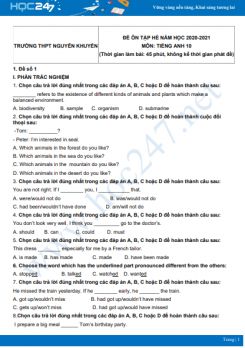 Bộ 5 đề ôn tập hè Tiếng Anh 10 năm 2021 Trường THPT Nguyễn Khuyến