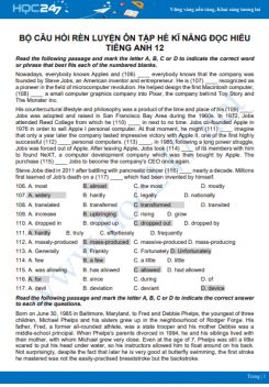 Bộ câu hỏi rèn luyện ôn tập hè kĩ năng đọc hiểu Tiếng Anh 12