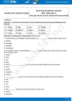 Bộ 5 đề ôn tập hè Tiếng Anh 12 năm 2021 Trường THPT Nguyễn Thị Định