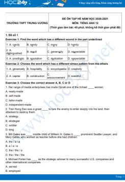 Bộ 5 đề ôn tập hè Tiếng Anh 12 năm 2021 Trường THPT Trưng Vương