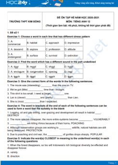 Bộ 5 đề ôn tập hè Tiếng Anh 12 năm 2021 Trường THPT Kim Đồng