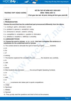 Bộ 5 đề ôn tập hè Tiếng Anh 11 năm 2021 Trường THPT Hùng Vương