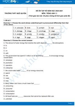 Bộ 5 đề ôn tập hè Tiếng Anh 11 năm 2021 Trường THPT Ngô Quyền