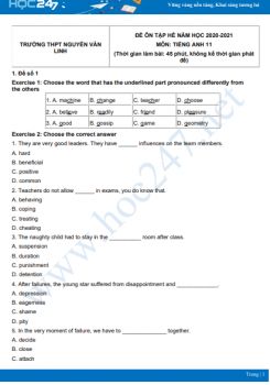 Bộ 5 đề ôn tập hè Tiếng Anh 11 năm 2021 Trường THPT Nguyễn Văn Linh