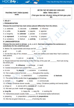 Bộ 5 đề ôn tập hè Tiếng Anh 11 năm 2021 Trường THPT Trần Quang Khải
