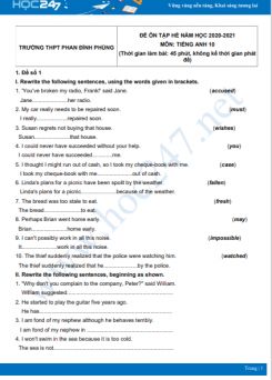 Bộ 5 đề ôn tập hè Tiếng Anh 10 năm 2021 Trường THPT Phan Đình Phùng