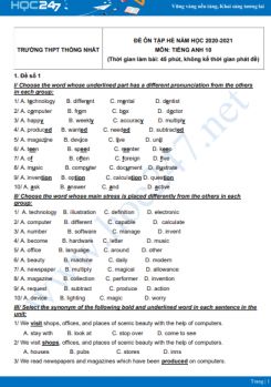 Bộ 5 đề ôn tập hè Tiếng Anh 10 năm 2021 Trường THPT Thống Nhất