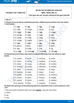 Bộ 5 đề ôn tập hè Tiếng Anh 10 năm 2021 Trường THPT Trần Phú