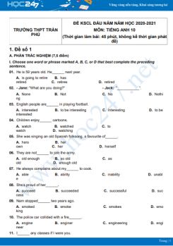 Bộ 5 đề KSCL đầu năm môn Tiếng Anh 10 năm 2021 Trường THPT Trần Phú