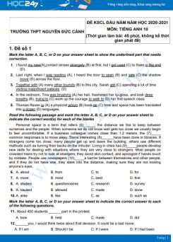 Bộ 5 đề KSCL đầu năm môn Tiếng Anh 10 năm 2021 Trường THPT Nguyễn Đức Cảnh