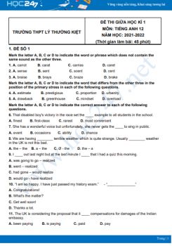 Bộ 5 đề thi giữa HK1 môn Tiếng Anh 12 có đáp án năm 2021-2022 Trường THPT Lý Thường Kiệt