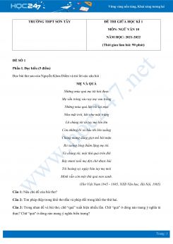 Bộ 4 đề thi giữa HK1 môn Ngữ văn 10 có đáp án năm 2021-2022 Trường THPT Sơn Tây