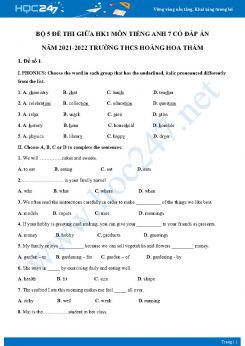 Bộ 5 đề thi giữa HK1 môn Tiếng Anh 7 có đáp án năm 2021-2022 Trường THCS Hoàng Hoa Thám