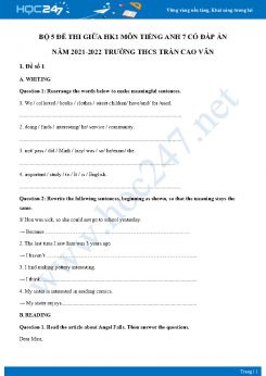 Bộ 5 đề thi giữa HK1 môn Tiếng Anh 7 có đáp án năm 2021-2022 Trường THCS Trần Cao Vân