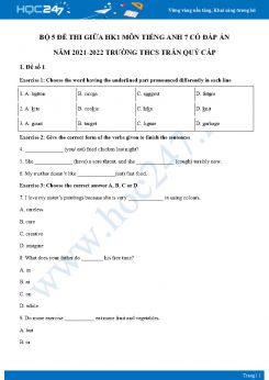 Bộ 5 đề thi giữa HK1 môn Tiếng Anh 7 có đáp án năm 2021-2022 Trường THCS Trần Quý Cáp