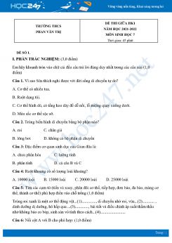 Bộ 4 Đề thi giữa HK1 môn Sinh Học 7 năm 2021 - 2022 Trường THCS Phan Văn Trị có đáp án