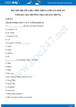Bộ 5 đề thi giữa HK1 môn Tiếng Anh 6 KNTT có đáp án năm 2021-2022 Trường THCS Quang Trung