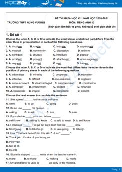 Bộ 5 đề thi giữa HK1 môn Tiếng Anh 10 có đáp án năm 2021-2022 Trường THPT Hùng Vương